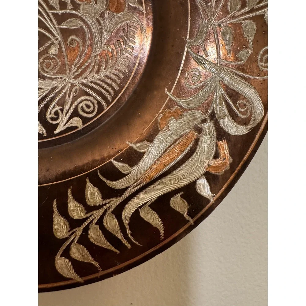 Vintage Copper Plate Hand Etched Floral Design Made in Turkey Wall Hanging 7